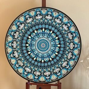 Extra Large Mandala Wall Art 36” – Hand Painted Blue & Turquoise Dot Art on Wood